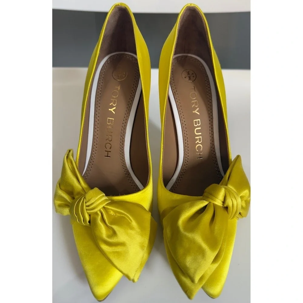 Tory‎ Burch Yellow Satin Bow Pointed Toe Pumps White Stiletto Heels Womens 5.5